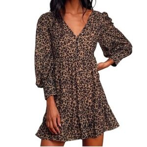 Lulus Rock It Out Brown and Black Leopard Print Long Sleeve Babydoll Dress XS